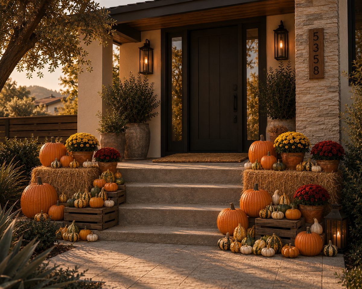 The Autumn Glow display: stacked bales and crates framing an entry with red and yellow mums, cascading pumpkins, and gourds in golden light.