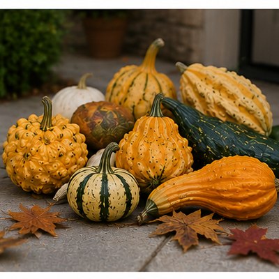A cluster of striped and speckled autumn gourds
